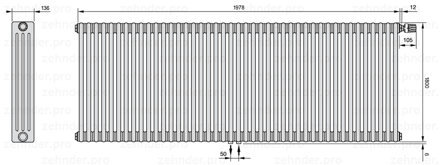 Схема (чертеж) Радиатор Zehnder Charleston 4180/43 №V008 Белый глянцевый RAL 9016